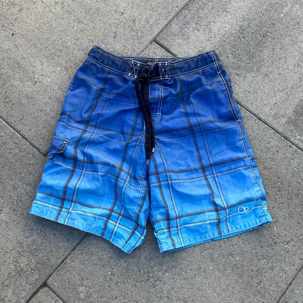 OP Ocean Pacific Mens Blue Ombre Plaid Board Shorts Swim Trunks Size Small 28-30